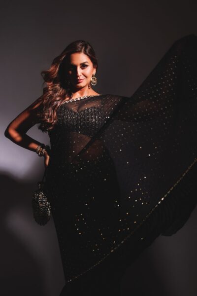 HUMA QURESHI In Black Frill Saree Set