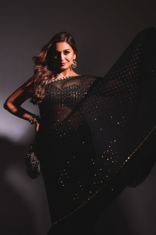 HUMA QURESHI In Black Frill Saree Set