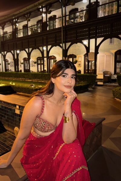 DEEKSHA KHURANA In Crimson Red Multi-tier Sequin Embroidered Saree Set
