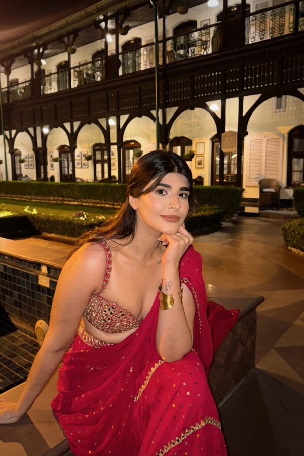 DEEKSHA KHURANA In Crimson Red Multi-tier Sequin Embroidered Saree Set