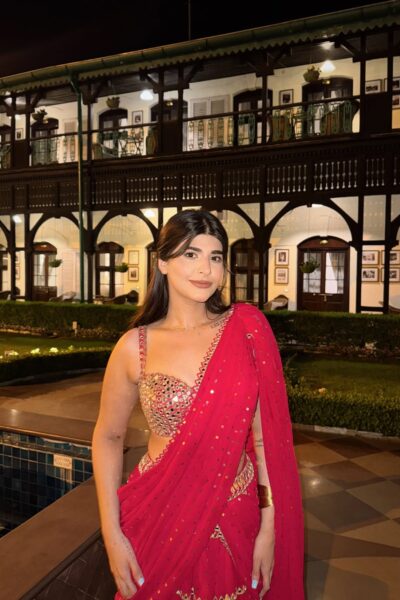 DEEKSHA KHURANA In Crimson Red Multi-tier Sequin Embroidered Saree Set