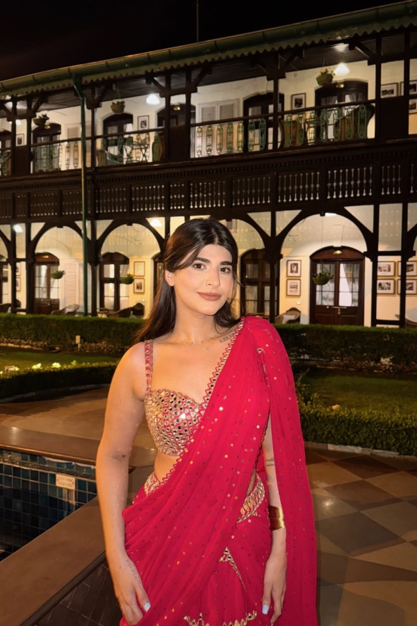 DEEKSHA KHURANA In Crimson Red Multi-tier Sequin Embroidered Saree Set
