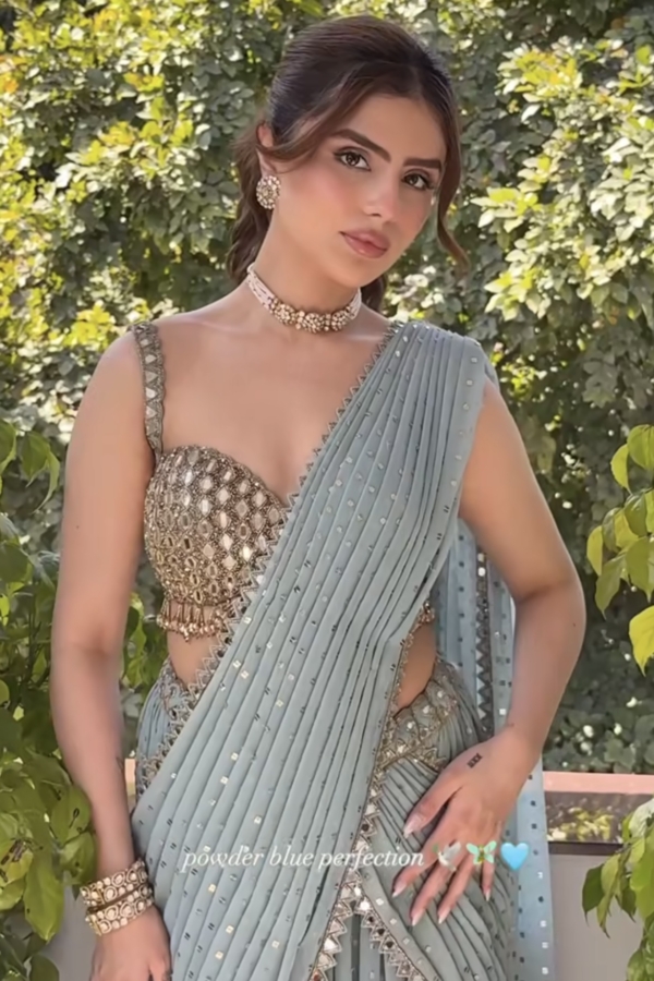 MUSKAN CHANANA In Jugmug Powder Blue Multitier Saree Set