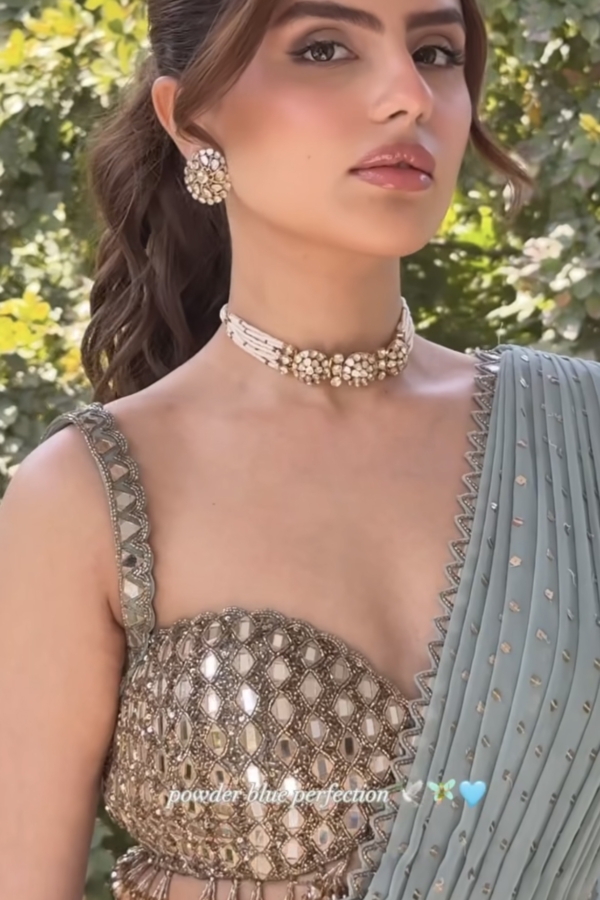 MUSKAN CHANANA In Jugmug Powder Blue Multitier Saree Set