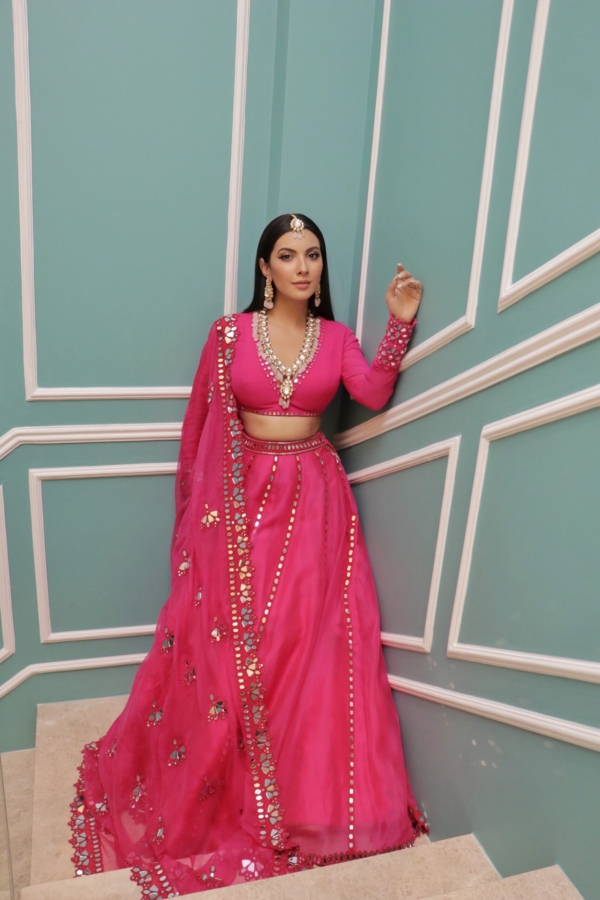 Peacock Pink Mirror Cut-work Lehenga set (NIKKI MEHRA)