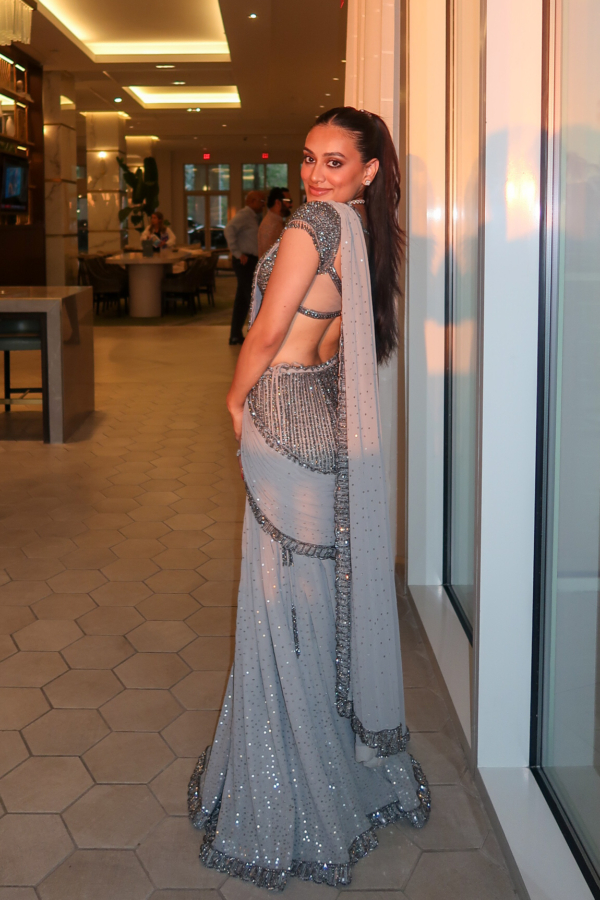 JULLY In Maya Crystal Grey Pre Draped Saree Set