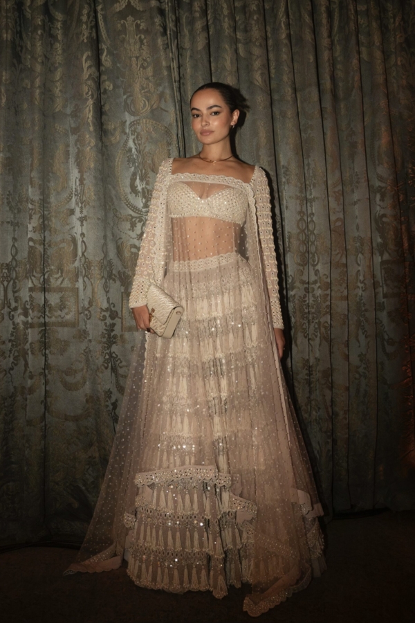 Piroi Ash Pink Chandelier Pearl Drop Full Sleeve Lehenga Set (CAT ROBERTS)