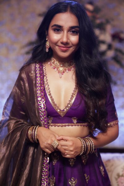 PRAJAKTA KOLI In Purple Chand Boota Crop Top Skirt Set