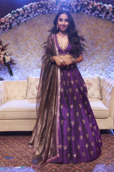 PRAJAKTA KOLI In Purple Chand Boota Crop Top Skirt Set