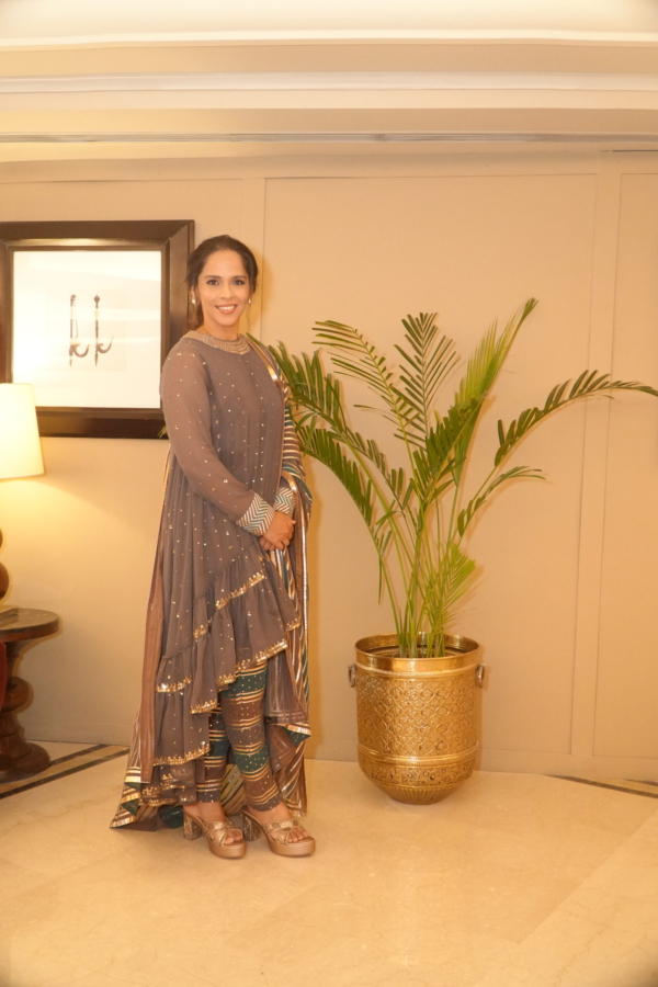 SAINA NEHWAL In Charcoal Grey Round Neck Asymmetrical Kurta Pant Set