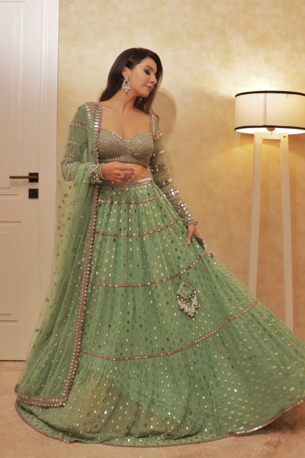 Tier Dull Mint Lehenga Set (NIKKI MEHRA)