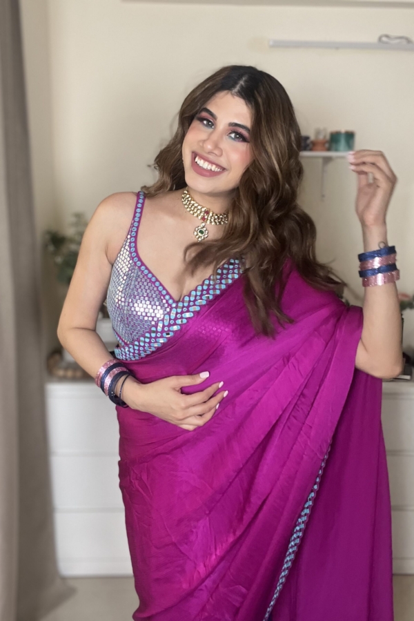 MALVIKA SITLANI IN Pop Wine Satin Chiffon Saree Set