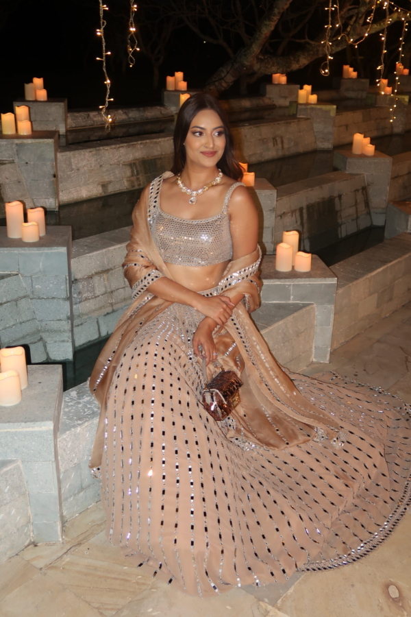 NATASHA SHAH In Chahak Beige Linear Lehenga With Metallic Blouse