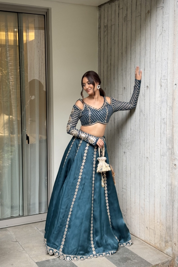 NATASHA SHAH In Dark Teal Flower Linear Lehenga Set