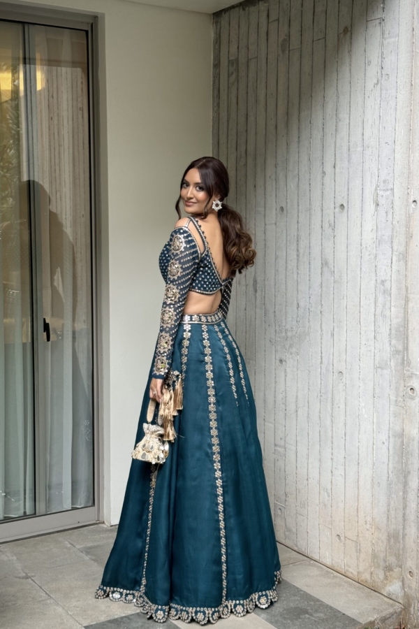 NATASHA SHAH In Dark Teal Flower Linear Lehenga Set
