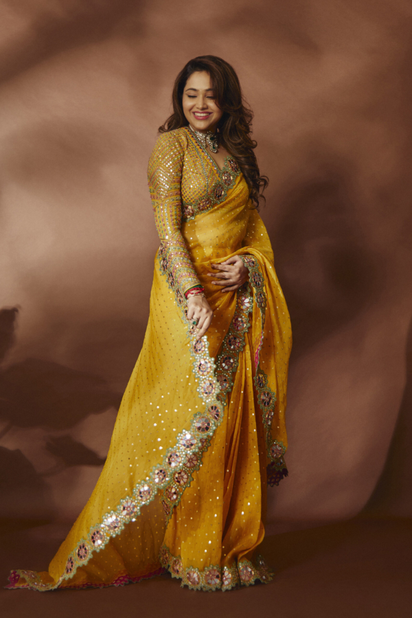 PRIYA ATLEE In Rang Yellow Mirror and Sequin Saree Set