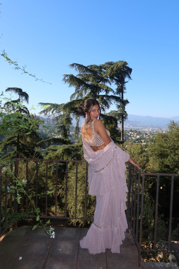 NICOLE MEHTA In Jugmug Ash Pink Frill Saree Set