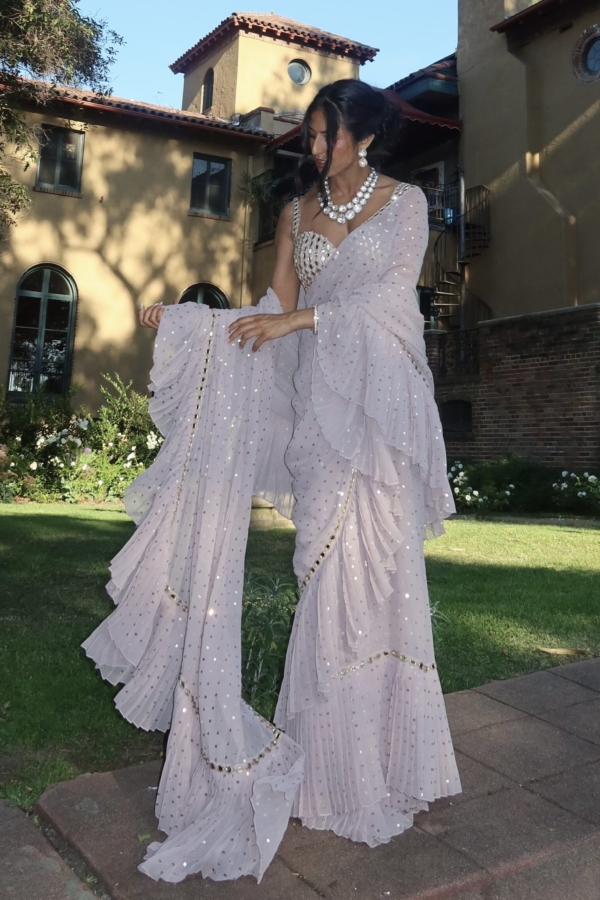 NICOLE MEHTA In Jugmug Ash Pink Frill Saree Set