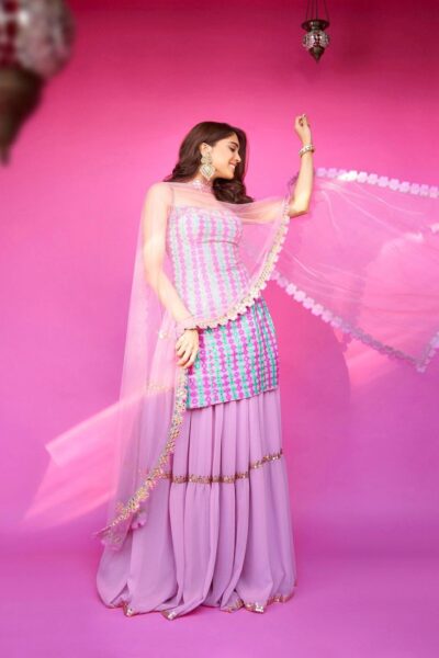 SHARVARI In Onion pink Applique Kurta Sharara Set