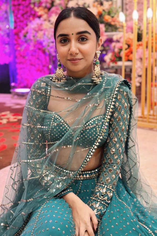 PRAJAKTA KOLI In Mud Green Single Tier Lehenga Set
