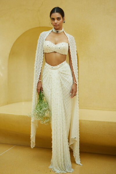 Pearl White Dense Drop Draped Skirt set