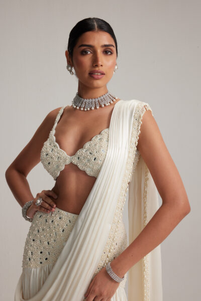 Off White Pearl and Mirror Embroidered satin draped saree set