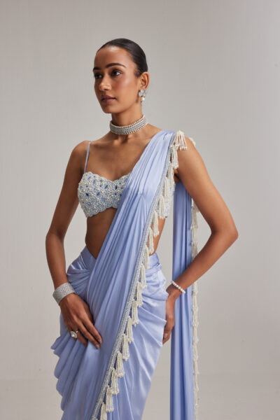Dew Blue Satin draped Saree Set