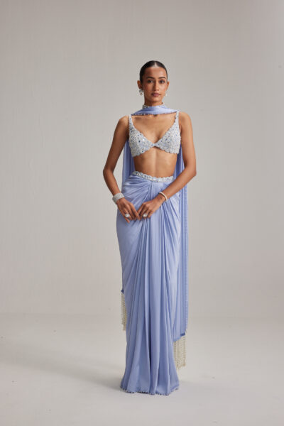 Dew Blue Satin draped skirt Set