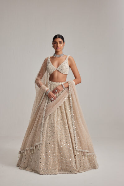 Light Beige Dense mirror and pearl lehenga set With Double Dupatta