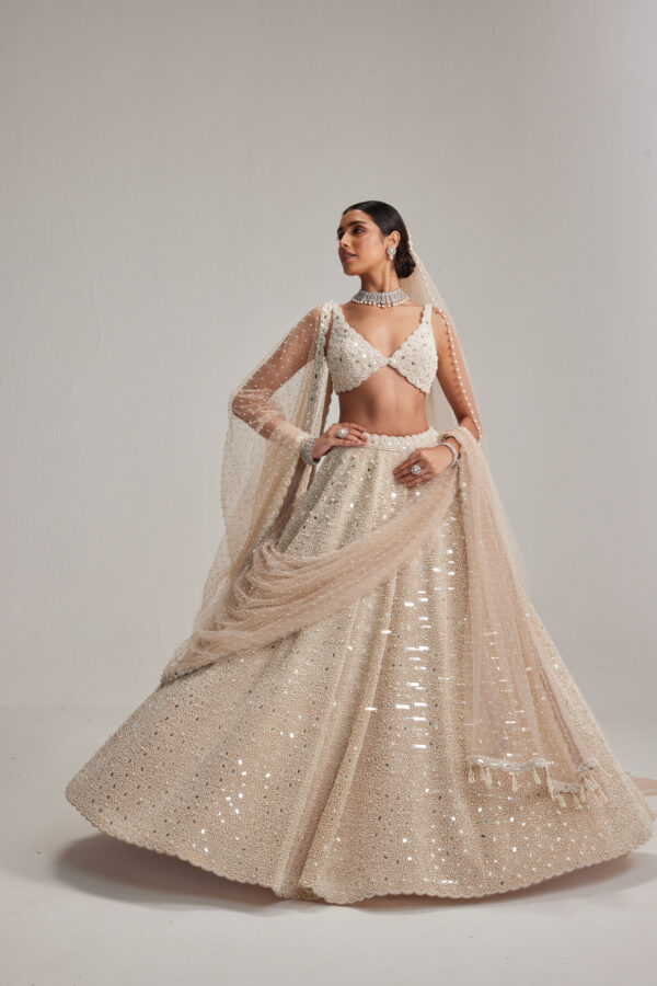 Light Beige Mirror & Pearl Bridal Lehenga with Double Dupatta and Veil