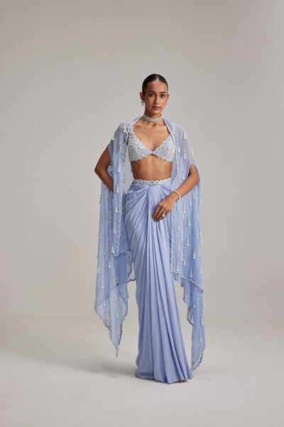 Dew Blue Cape And Satin draped skirt Set