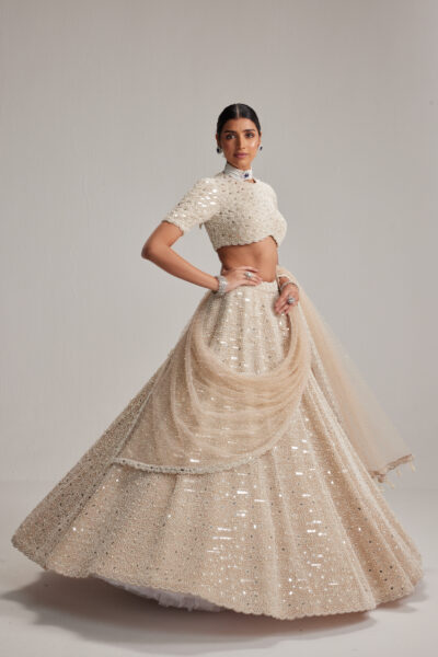 Light Beige Dense Pearl & Mirror Lehenga with High Neck Blouse and Dupatta