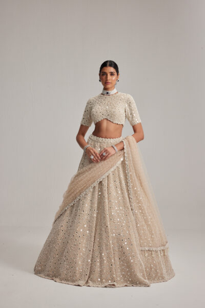 Light Beige Dense Pearl & Mirror Lehenga with High Neck Blouse and Dupatta