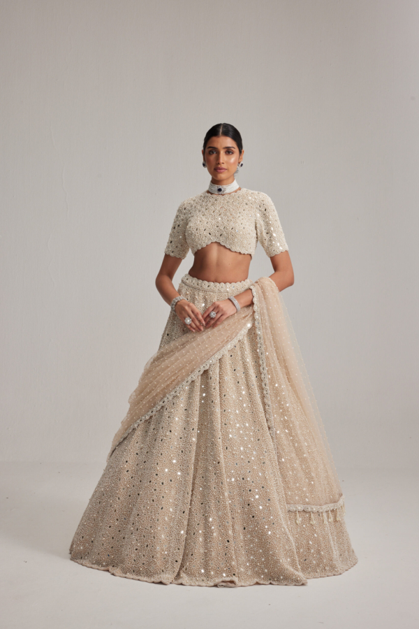 Light Beige Dense Pearl & Mirror Lehenga with High Neck Blouse and Dupatta