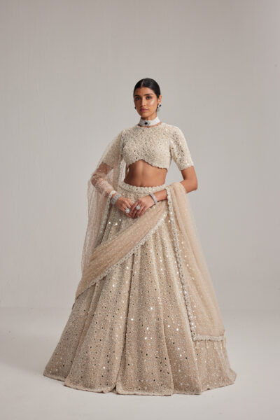 Light Beige Dense Pearl & Mirror Lehenga with High-Neck Blouse and Double Dupatta
