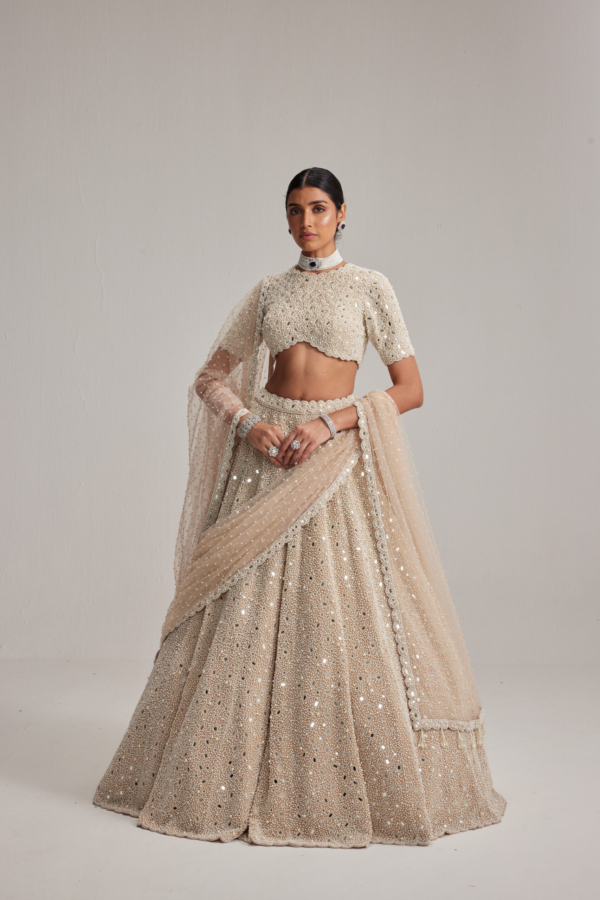 Light Beige Dense Pearl & Mirror Lehenga with High-Neck Blouse and Double Dupatta