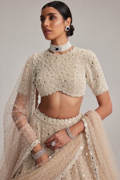 Light Beige Dense Pearl & Mirror Lehenga with High-Neck Blouse and Double Dupatta