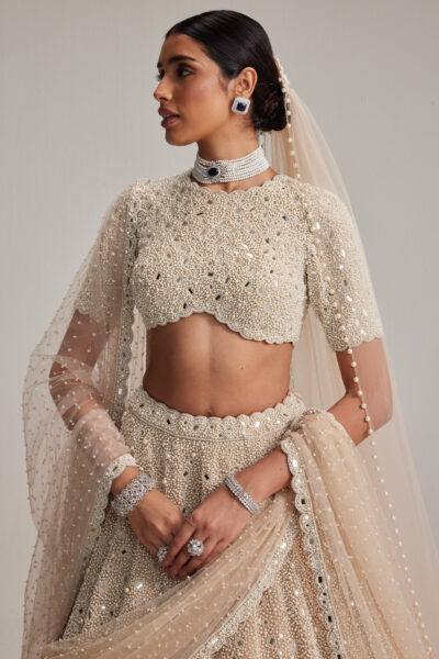 Light Beige Dense Pearl & Mirror Bridal Lehenga with High-Neck Blouse, Double Dupatta & Veil