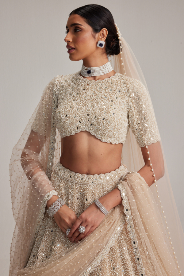 Light Beige Dense Pearl & Mirror Bridal Lehenga with High-Neck Blouse, Double Dupatta & Veil