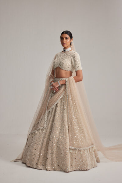 Light Beige Dense Pearl & Mirror Bridal Lehenga with High-Neck Blouse, Double Dupatta & Veil