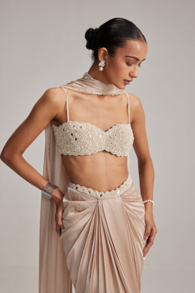 Light Beige Satin draped skirt set