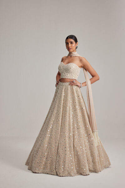 Light Beige Dense mirror and pearl Corset lehenga set With Stole