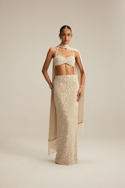 Light Beige dense Pearl and Mirror Pencil Skirt With Halter Neck Blouse and stole