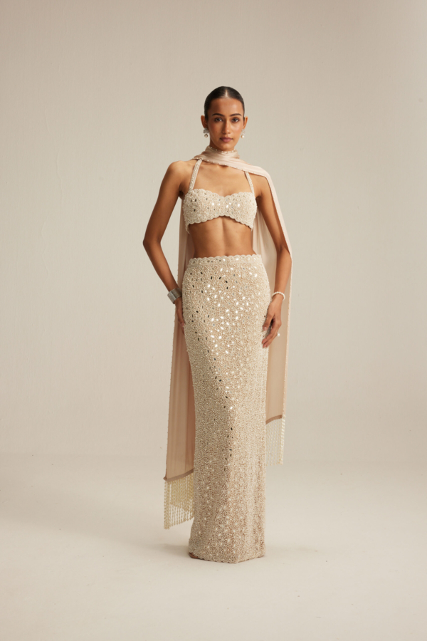 Light Beige dense Pearl and Mirror Pencil Skirt With Halter Neck Blouse and stole