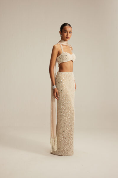 Light Beige dense Pearl and Mirror Pencil Skirt With Halter Neck Blouse and stole