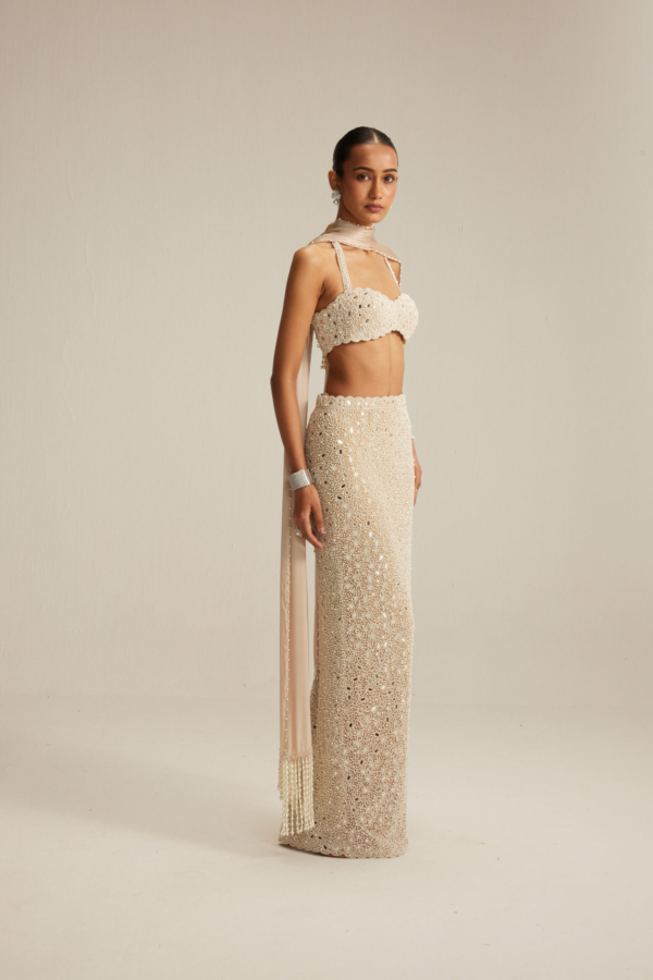 Light Beige dense Pearl and Mirror Pencil Skirt With Halter Neck Blouse and stole
