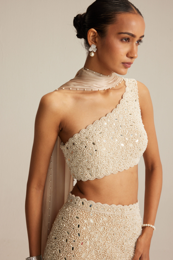 Light Beige Mirror & Pearl Pencil Skirt Set with One-Shoulder Blouse and Satin Stole