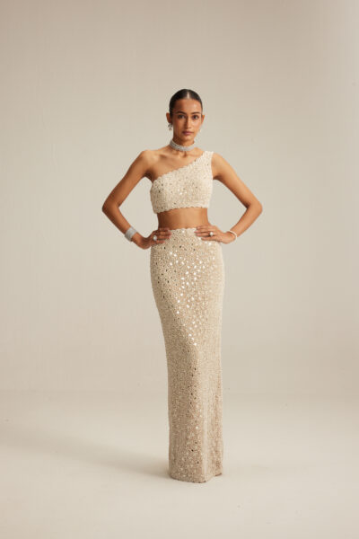 Light Beige Dense Pearl and Mirror One shoulder Pencil Skirt Set