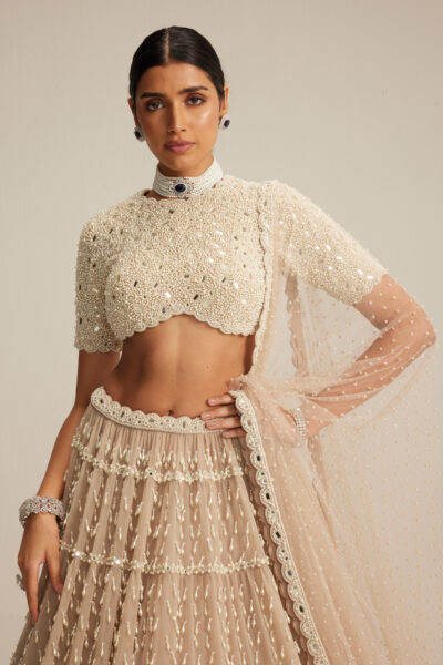 Light Beige Pearl Drop Lehenga with High Neck Blouse
