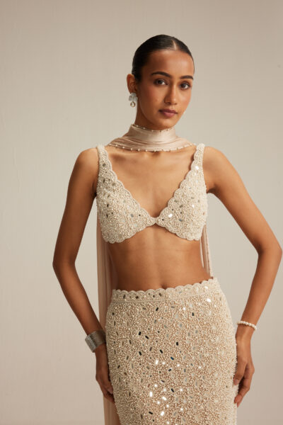 Light Beige Dense Pearl and Mirror Pencil Skirt with V Neck Blouse